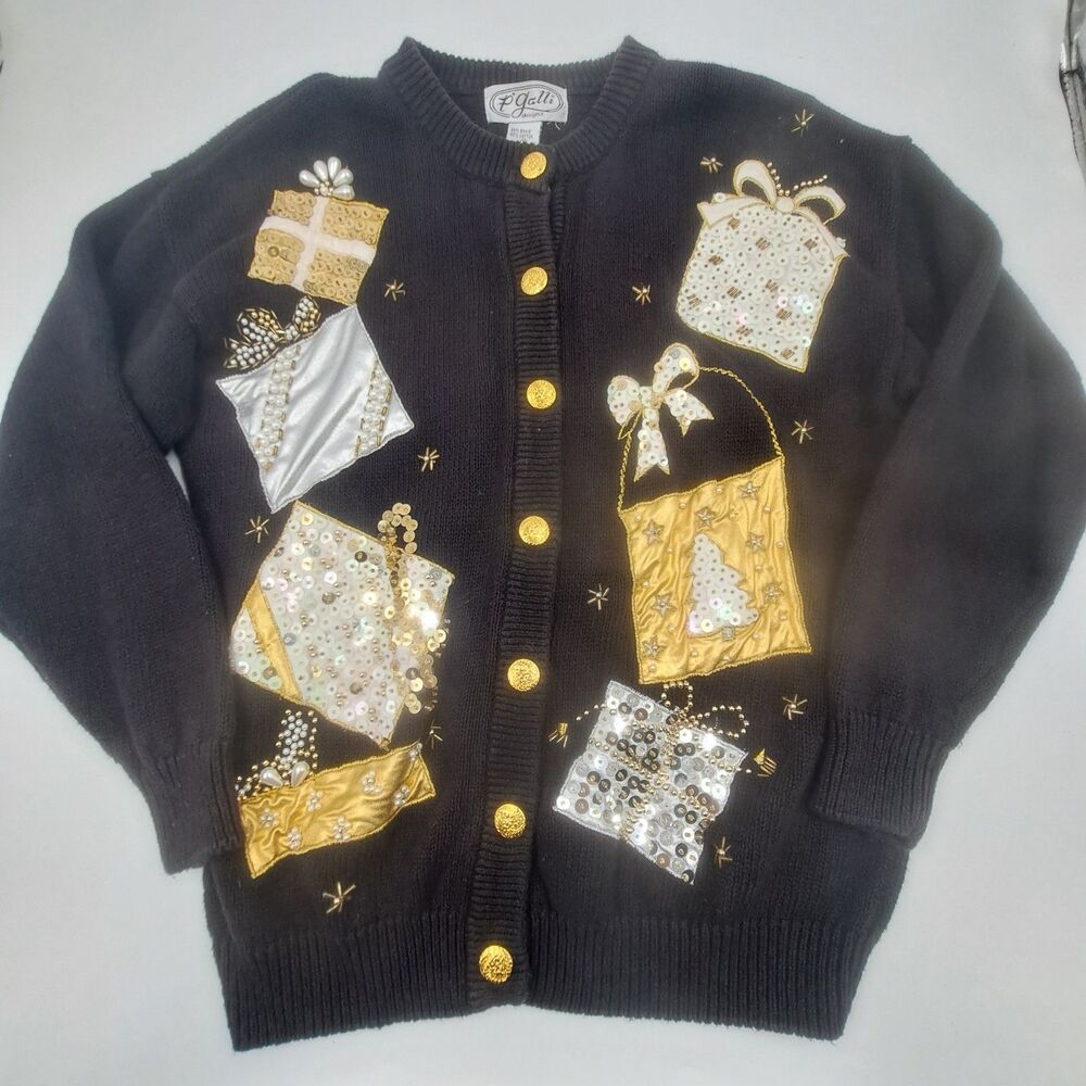 Vintage P Galli Beaded Christmas Cardigan Sweater Women Small Black White & Gold